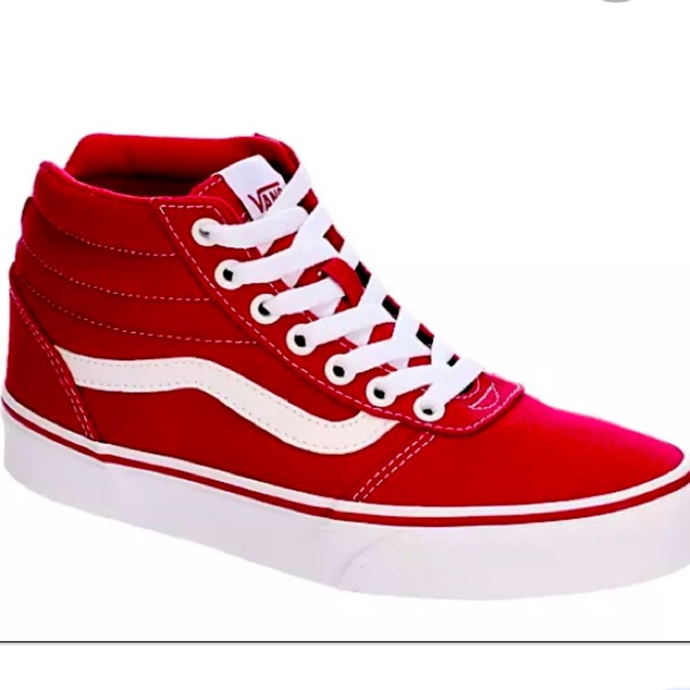 RED AND WHITE HIGH TOP VANS